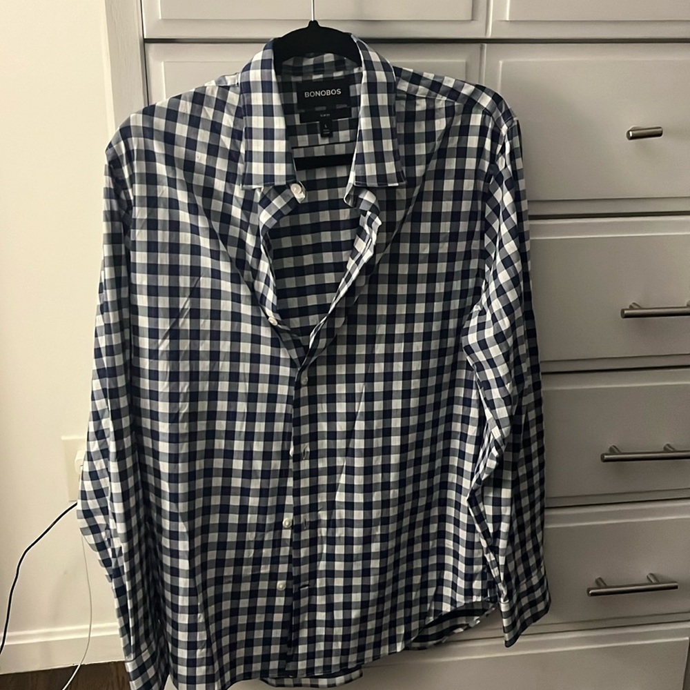 Price drop ! Worn once , like new , navy and white check with narrow red line